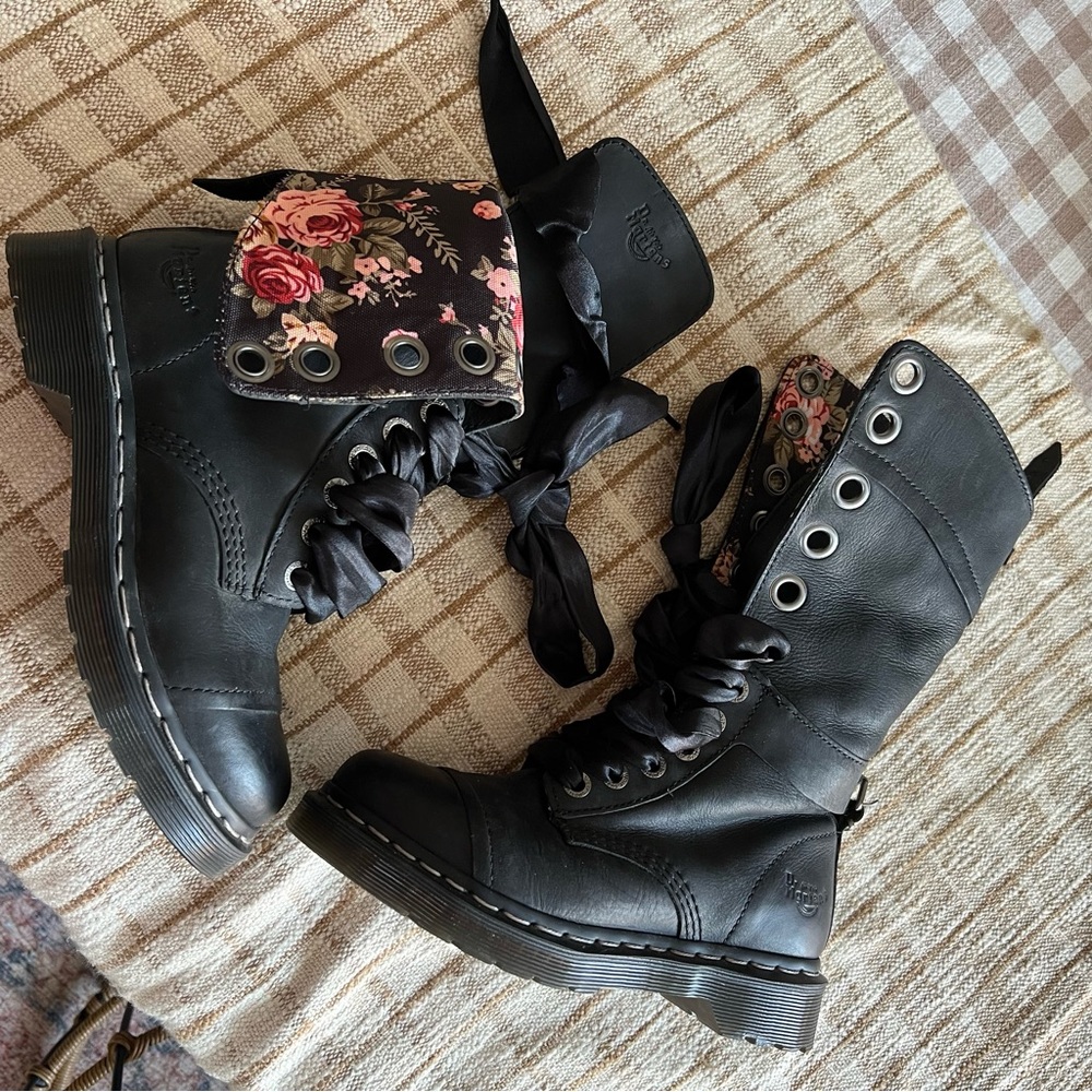 Dr. Martens Black Lace Up Boots with Floral Detail